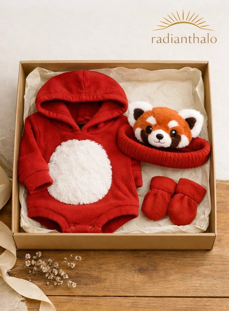Wholesale Baby Gift Box Orange Red Panda Hoodie Set with Matching Plush Doll Headband and Mittens
