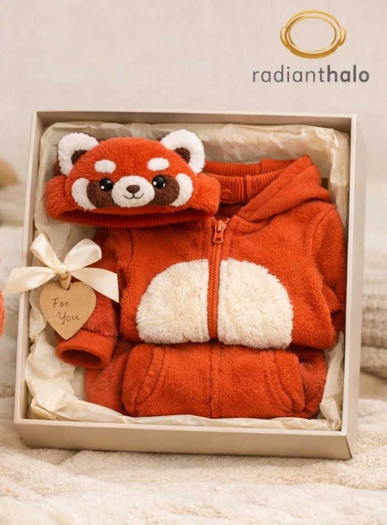 Wholesale Red Baby Gift Box Hooded Romper with Plush Red Panda Doll Headband and Booties
