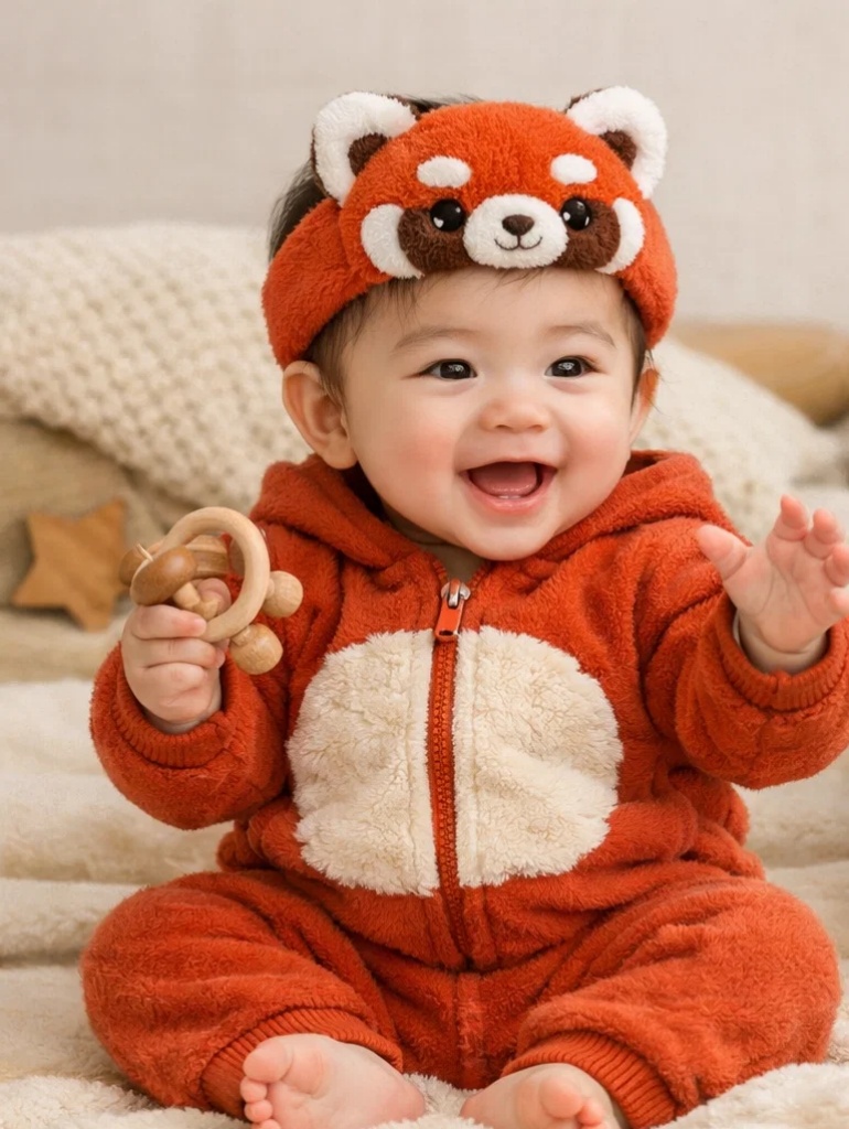 Wholesale Red Baby Gift Box Hooded Romper with Plush Red Panda Doll Headband and Booties