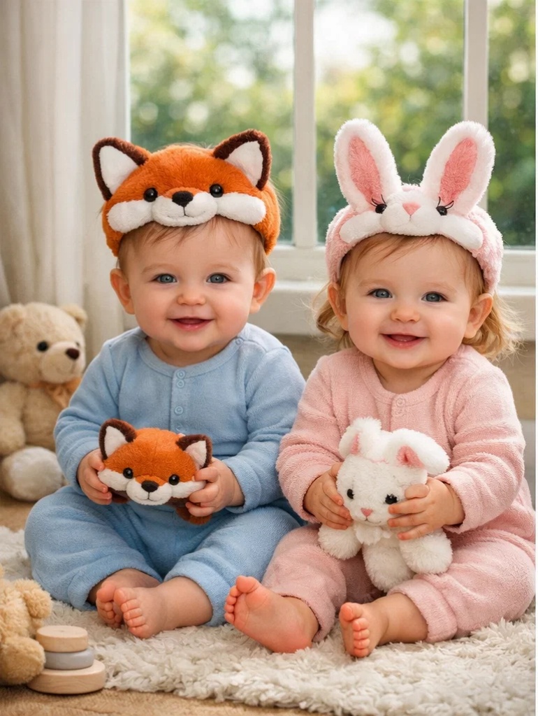 Premium Plush Fox & Bunny Baby Headband Pair with Keepsake Gift Box for Private Label Collections