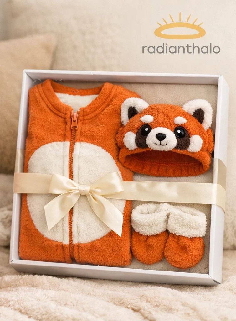 Wholesale Red Panda Baby Gift Box Plush Jacket Set with Matching Doll Headband
