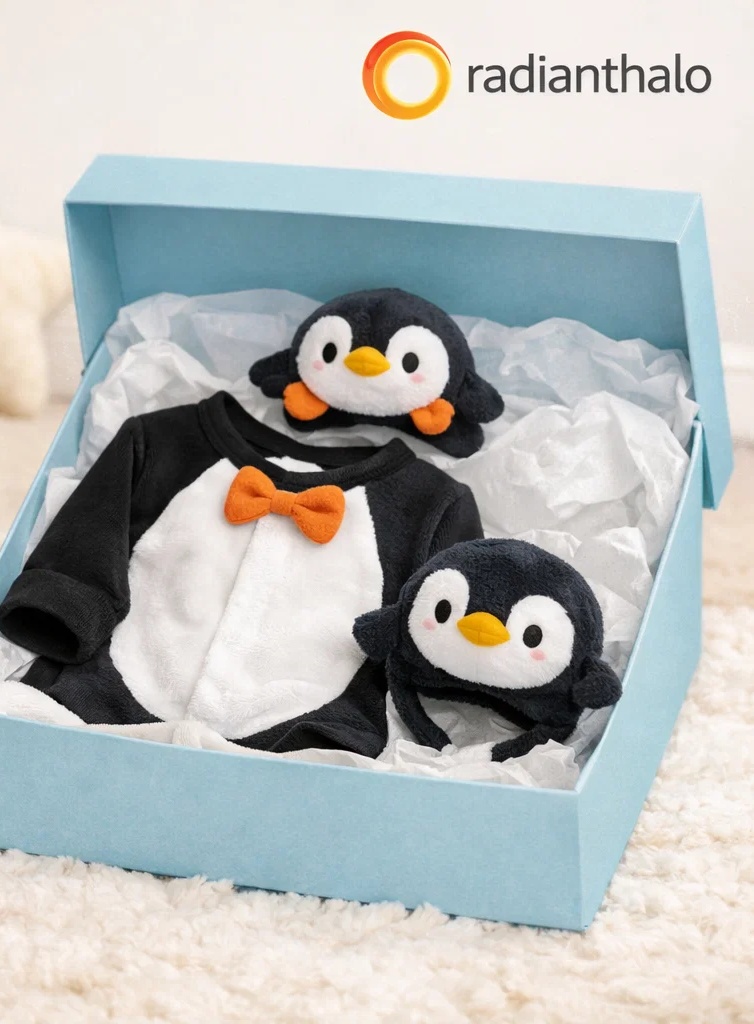 Wholesale Penguin Baby Gift Box Plush Romper Set with Matching Penguin Doll Headband and Blanket