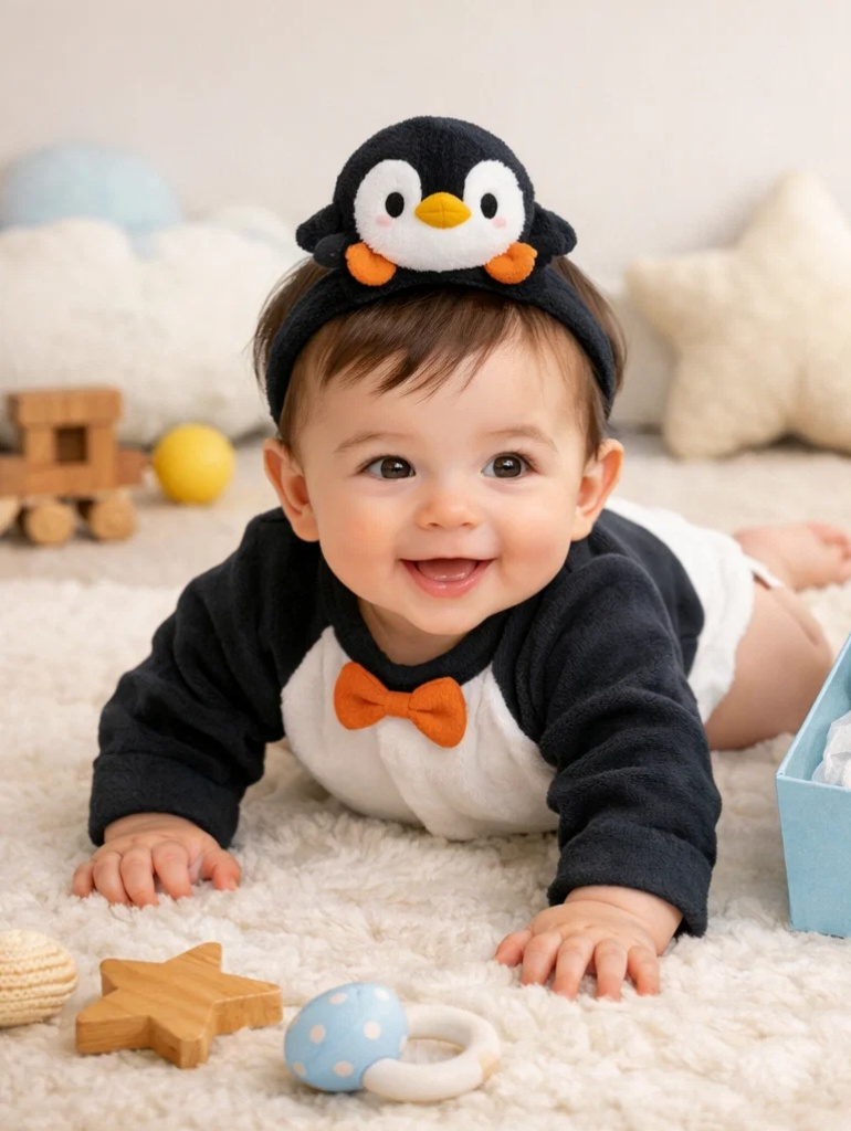 Boutique Wholesale Penguin Baby Gift Set Bow Tie Romper with Matching Plush Doll Headband