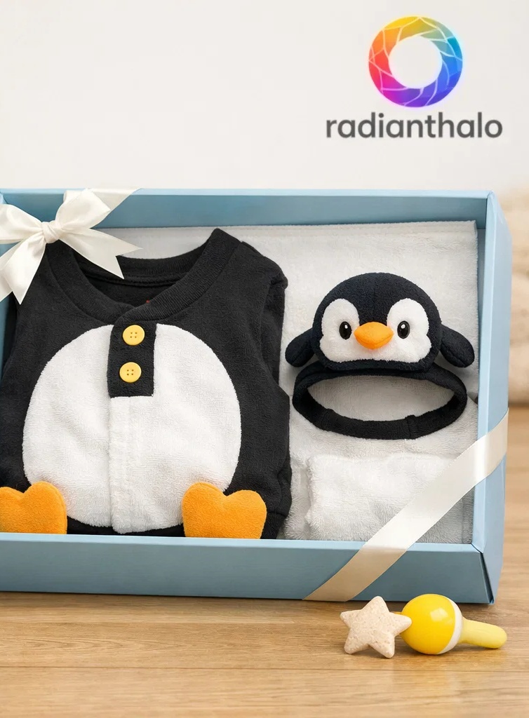 Premium Wholesale Penguin Baby Gift Box Bow Tie Outfit with Matching Doll Headband and Booties