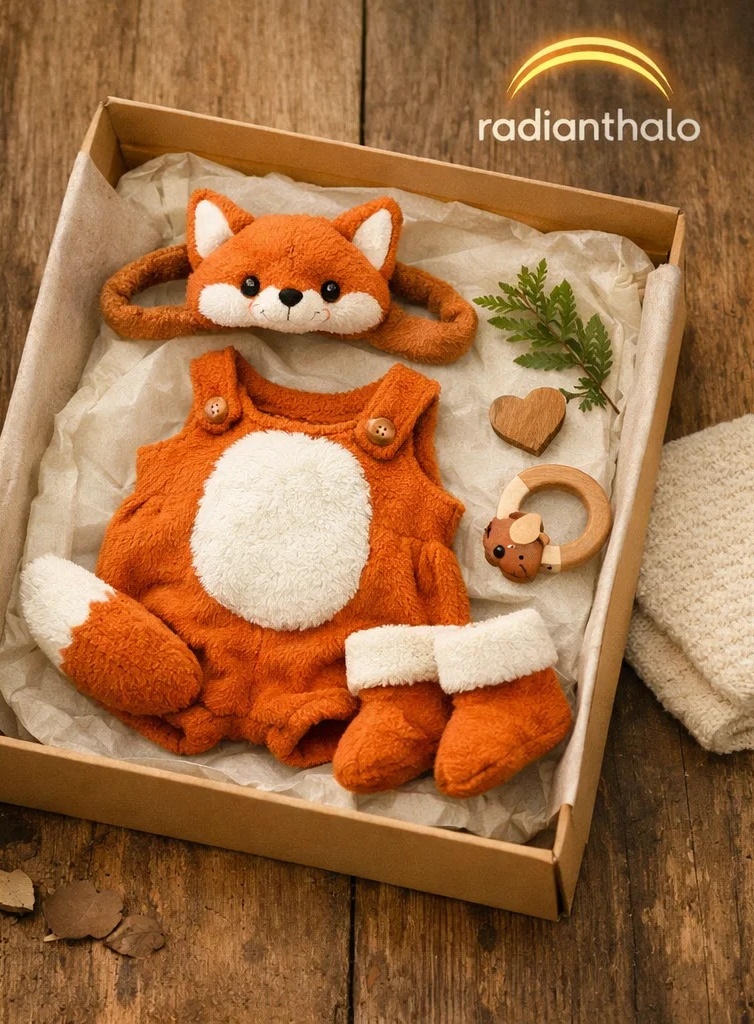 Wholesale Fox Baby Gift Box Plush Hoodie Set with Matching Fox Doll Headband and Booties
