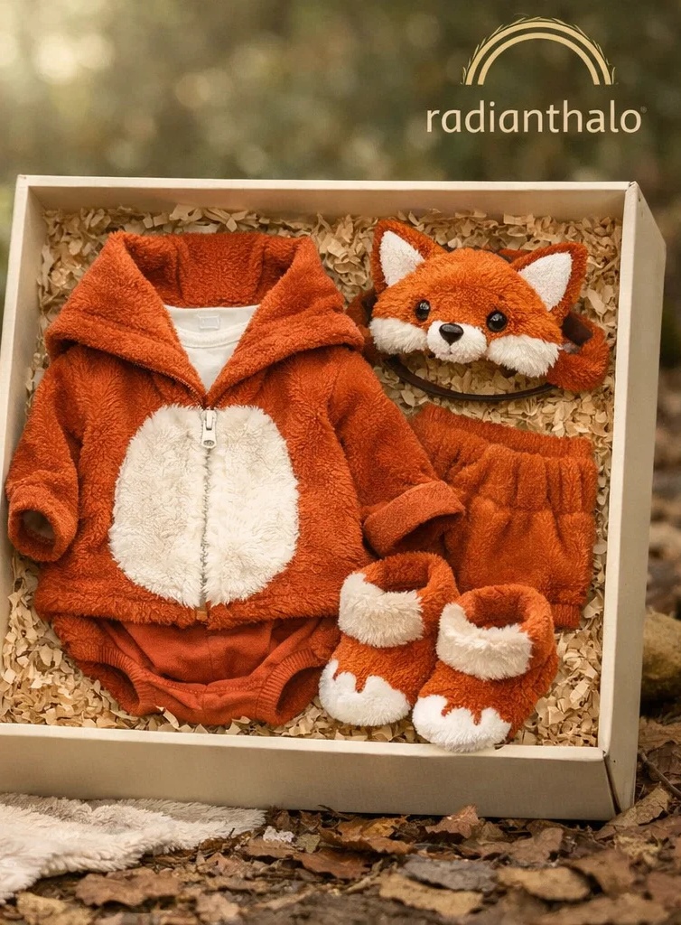 Boutique Wholesale Fox Baby Gift Box Plush Romper Set with Matching Doll Headband and Socks