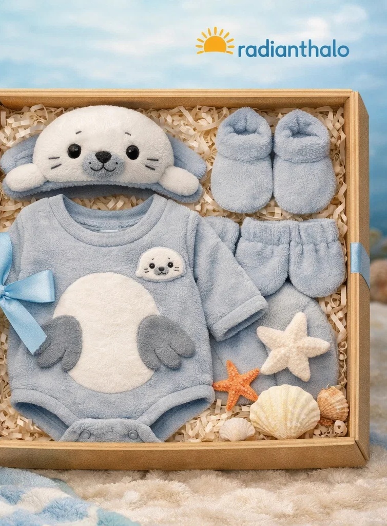 Wholesale Seal Baby Gift Box Grey Romper with Matching Plush Seal Doll Headband