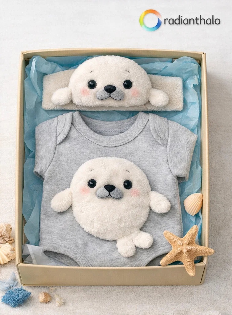Premium Wholesale Seal Baby Gift Box Plush Romper Set with Matching Doll Headband and Booties