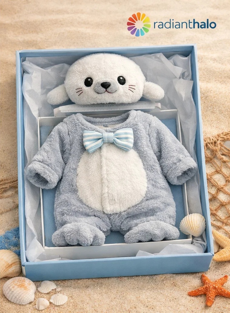 Wholesale Seal Baby Gift Box Grey Plush Romper with Matching Seal Doll Headband