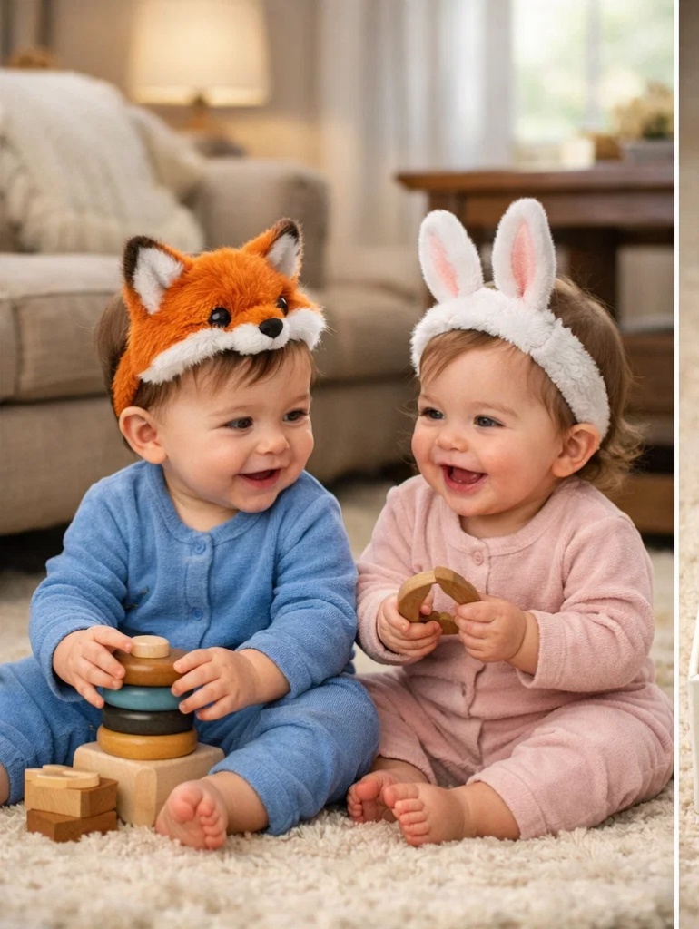 Custom Gift Box Fox Face & Bunny Ears Plush Baby Headband Pair for Retail and Wholesale