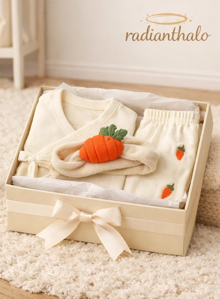 Wholesale Neutral Baby Gift Box Soft Cream Outfit with Plush Carrot Doll Headband and Printed Pants
