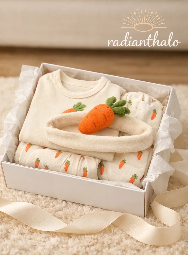 Boutique Wholesale Baby Gift Box Carrot Print Cardigan Set with Plush Carrot Doll Headband and Mittens