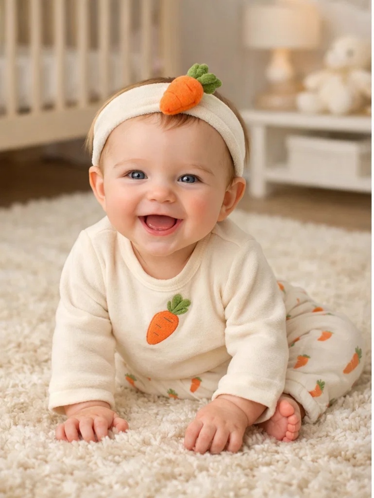 Boutique Wholesale Baby Gift Box Carrot Print Cardigan Set with Plush Carrot Doll Headband and Mittens