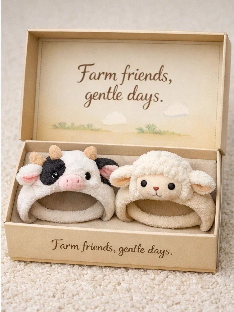 Farm Animal Cow & Lamb Detachable Plush Doll Baby Headband Gift Box Set