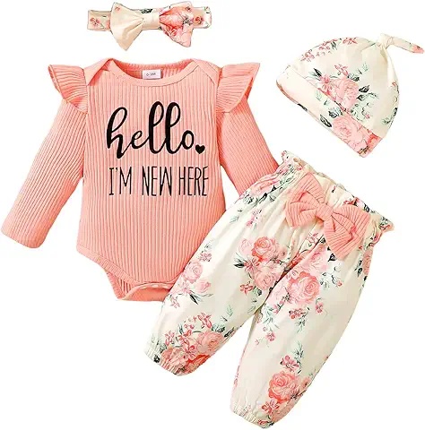 Baby Mädchen Set - „Hallo, ich bin neu hier“ Body, Hose und Band