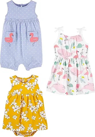 Set 3 piese pentru fetite: salopeta cu flamingo, rochita cu flamingo si salopeta galbena cu flori