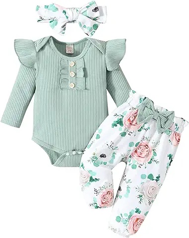 Baby Girl Ruffle Romper - 3-Piece Set with Floral Pants & Headband