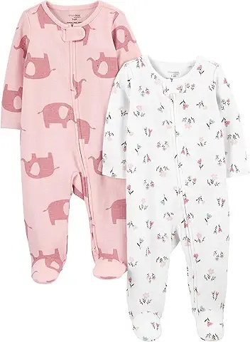 Baby Elephant and Floral Print Pajamas, 2-Pack with Zipper