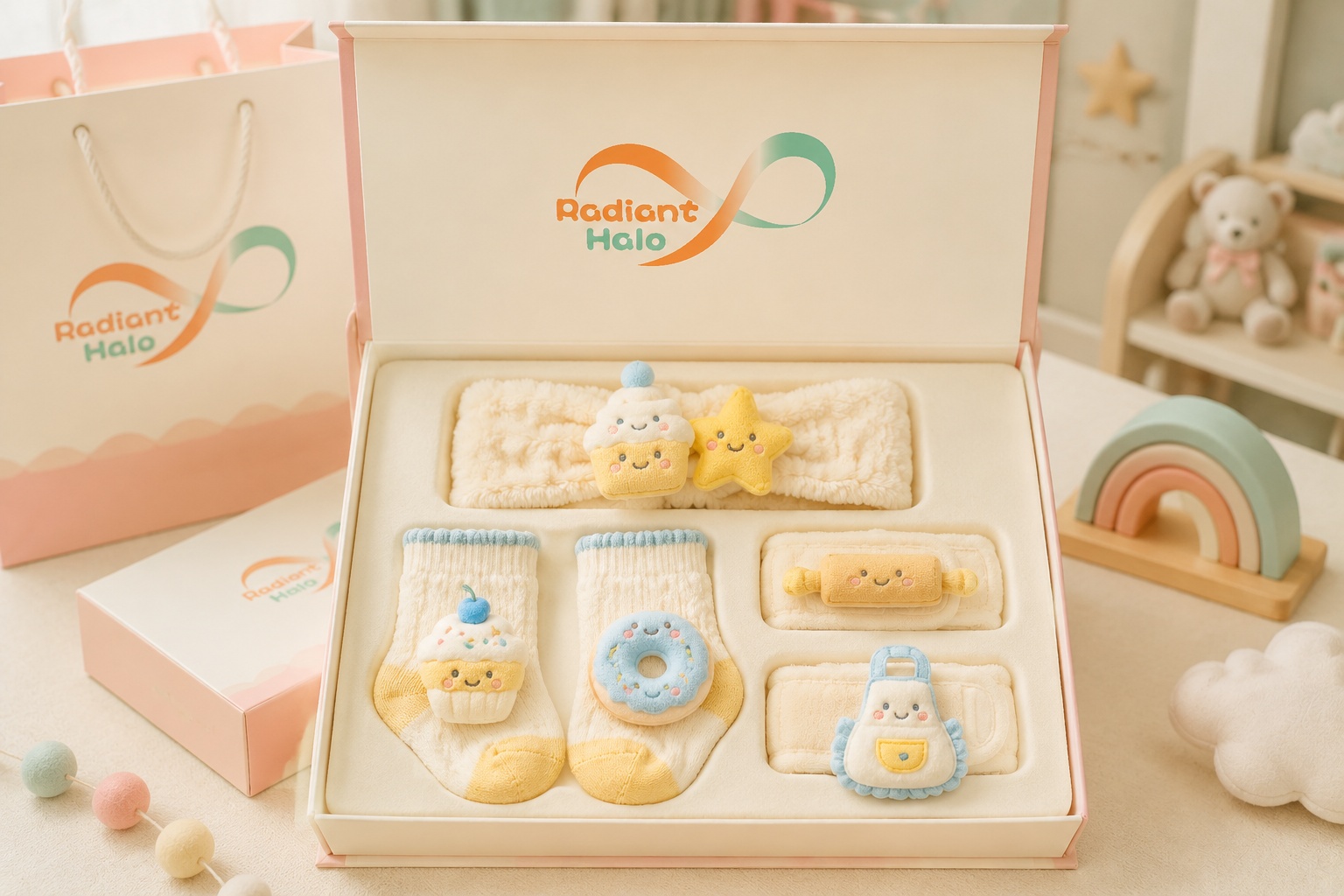Wholesale Detachable Plush Dessert Baby Headband Gift Set with Matching Socks & Wristbands