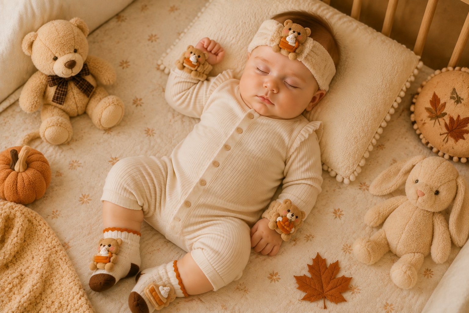Retail-Ready Teddy Bear Pumpkin Baby Gift Set – Soft Headband, Knit Socks & Matching Wrist Rattles
