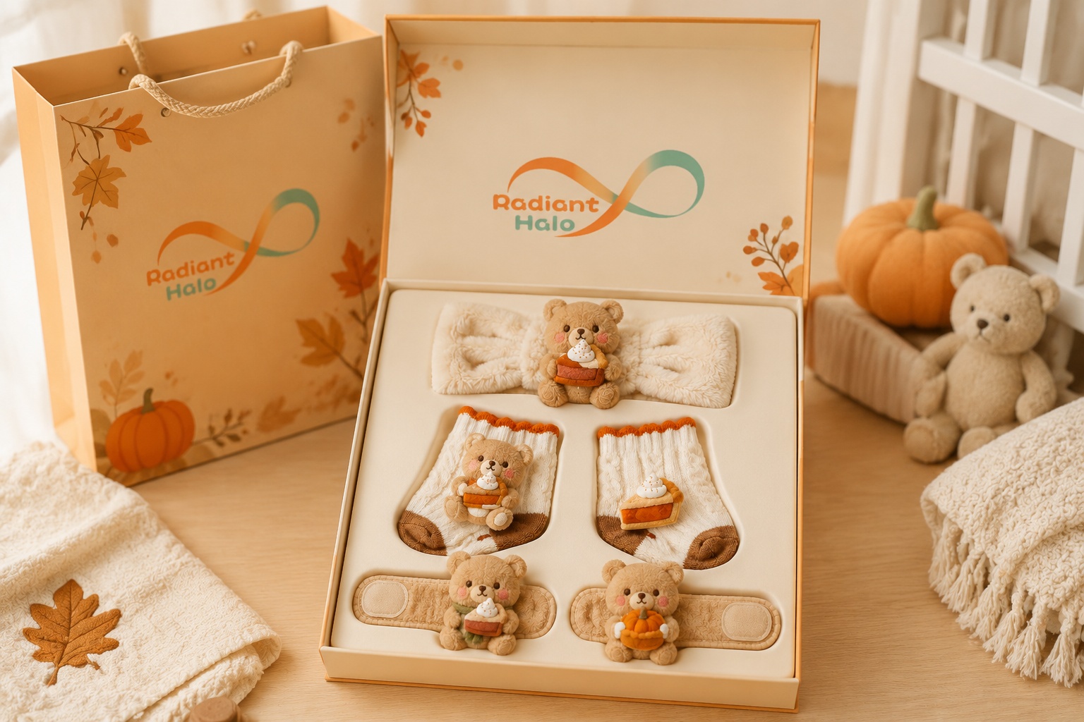 Retail-Ready Teddy Bear Pumpkin Baby Gift Set – Soft Headband, Knit Socks & Matching Wrist Rattles