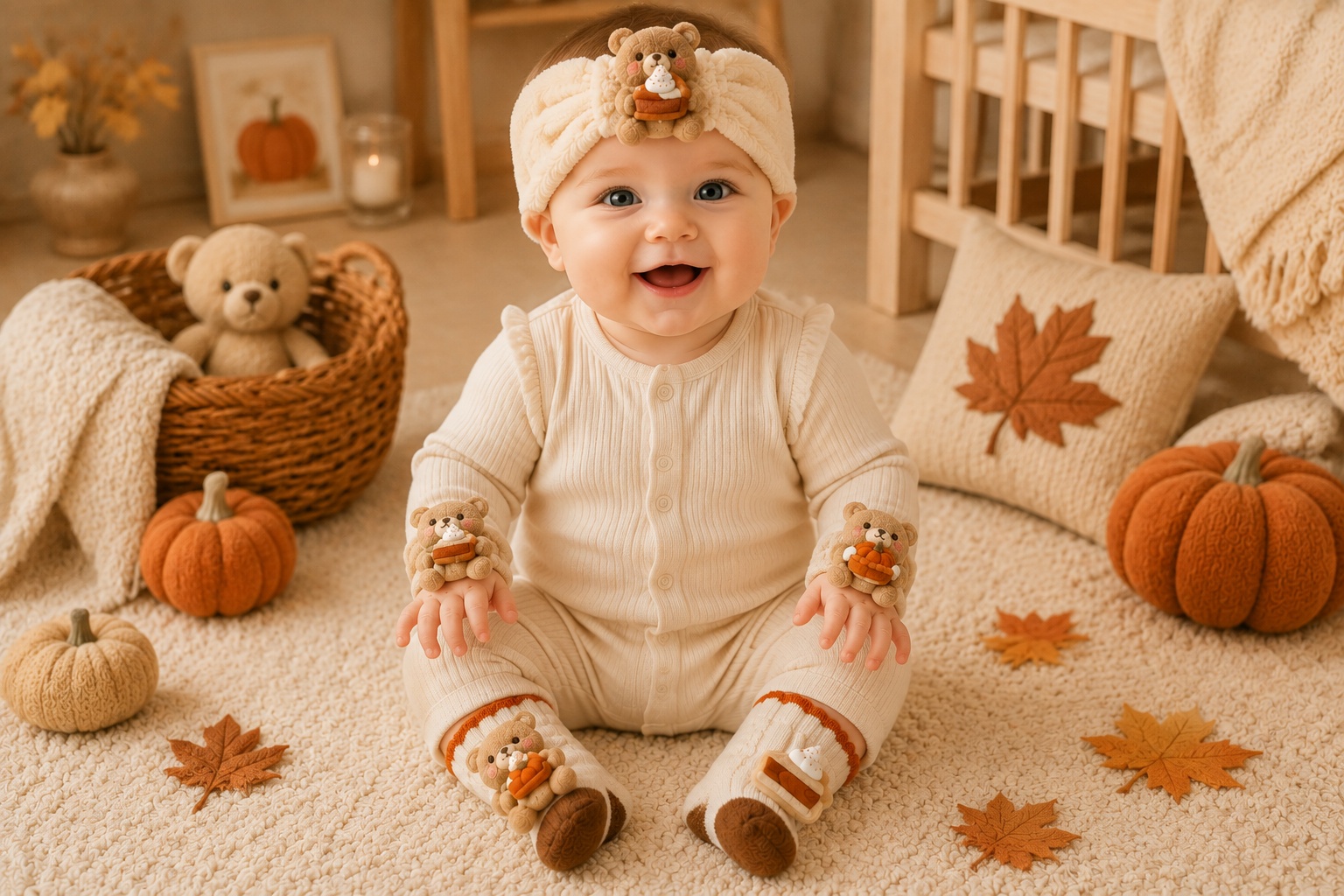 Retail-Ready Teddy Bear Pumpkin Baby Gift Set – Soft Headband, Knit Socks & Matching Wrist Rattles
