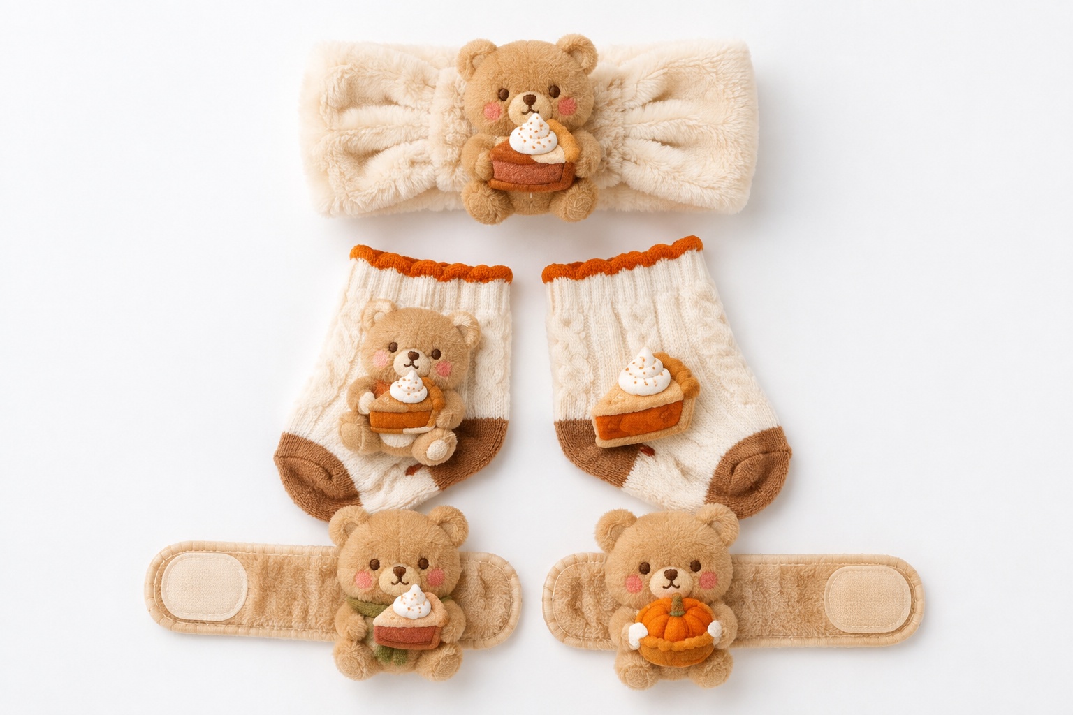 Retail-Ready Teddy Bear Pumpkin Baby Gift Set – Soft Headband, Knit Socks & Matching Wrist Rattles