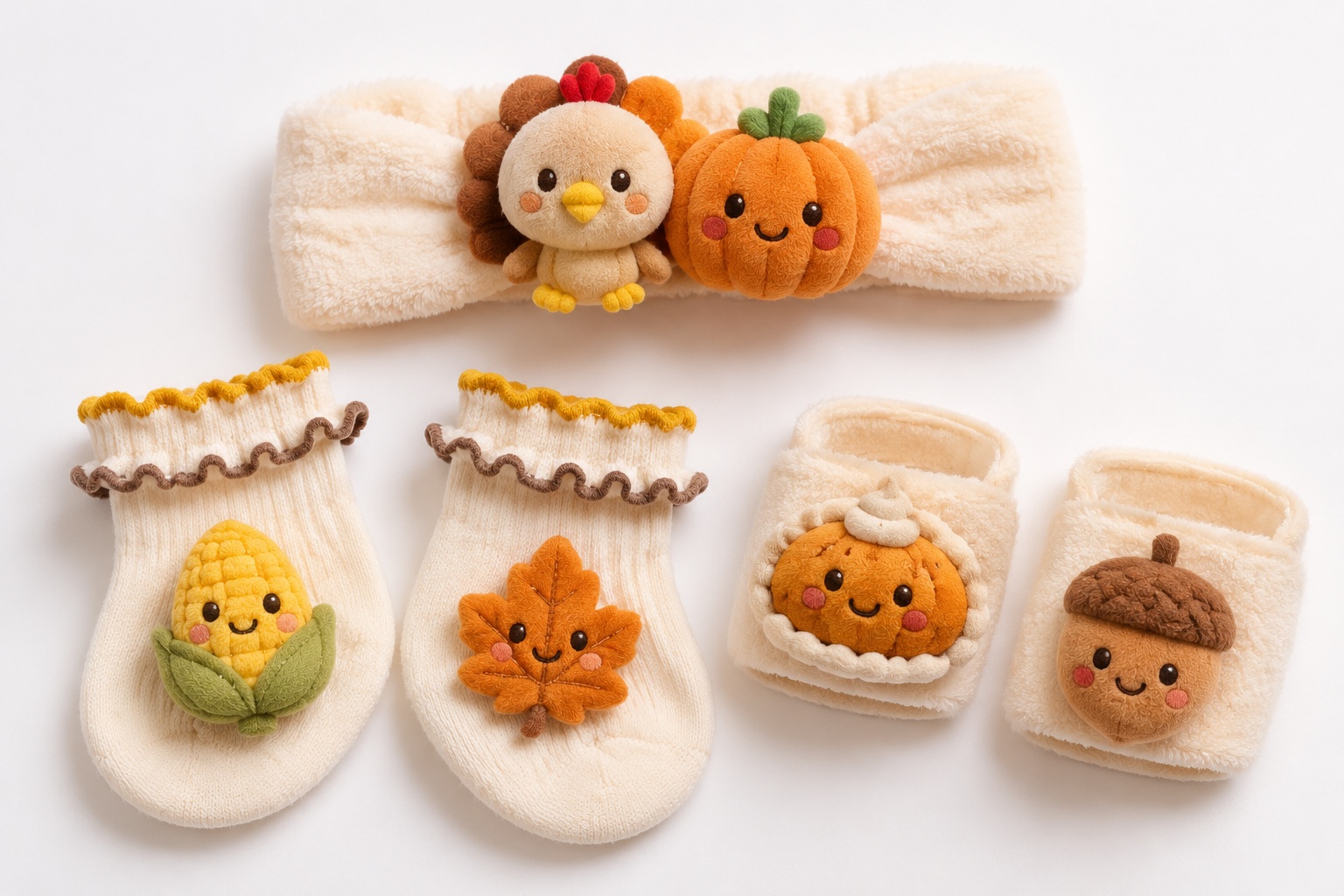 Wholesale Thanksgiving Baby Plush Headband Socks and Wrist Rattle Gift Set for Boutique Retailers