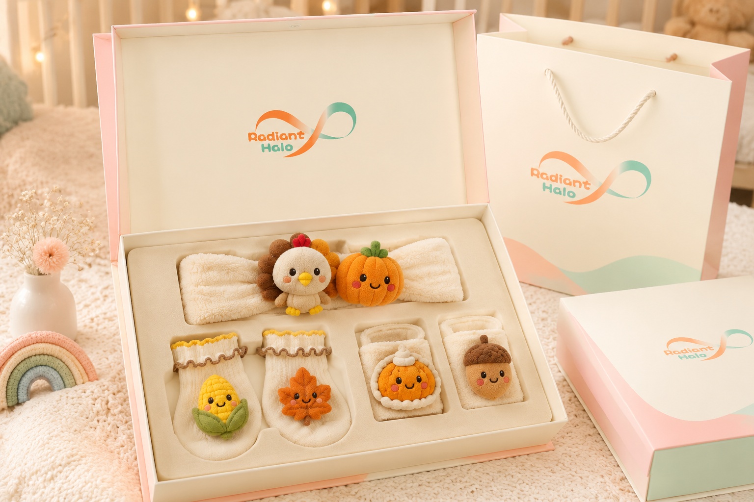 Wholesale Thanksgiving Baby Plush Headband Socks and Wrist Rattle Gift Set for Boutique Retailers