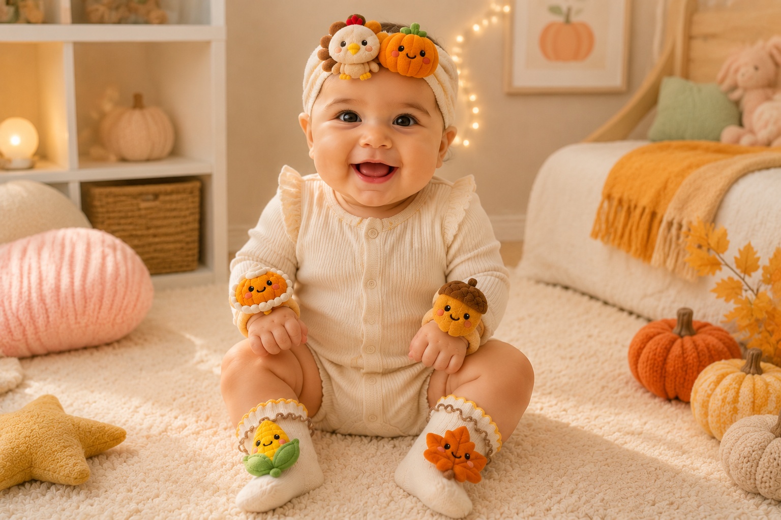 Wholesale Thanksgiving Baby Plush Headband Socks and Wrist Rattle Gift Set for Boutique Retailers