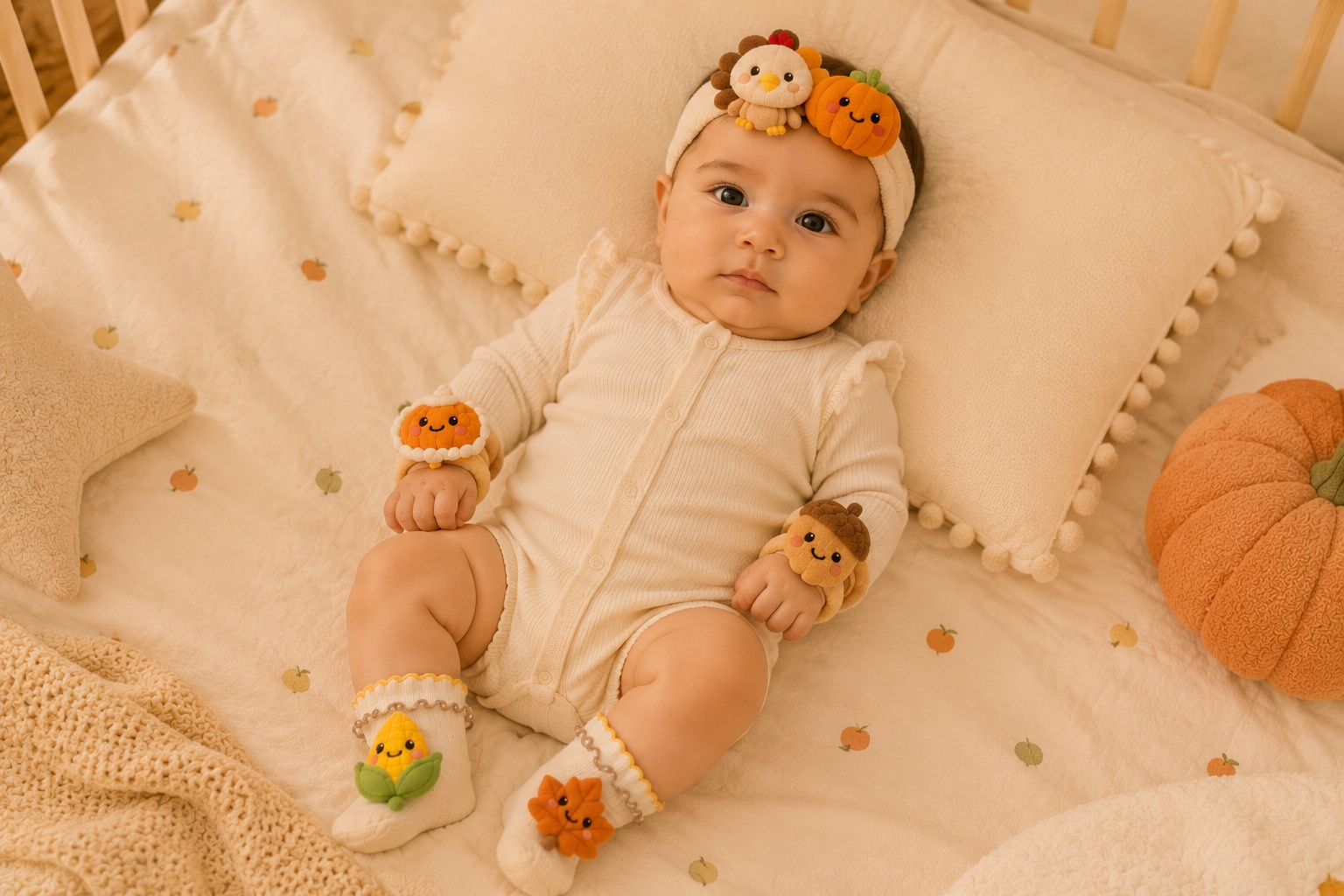 Wholesale Thanksgiving Baby Plush Headband Socks and Wrist Rattle Gift Set for Boutique Retailers