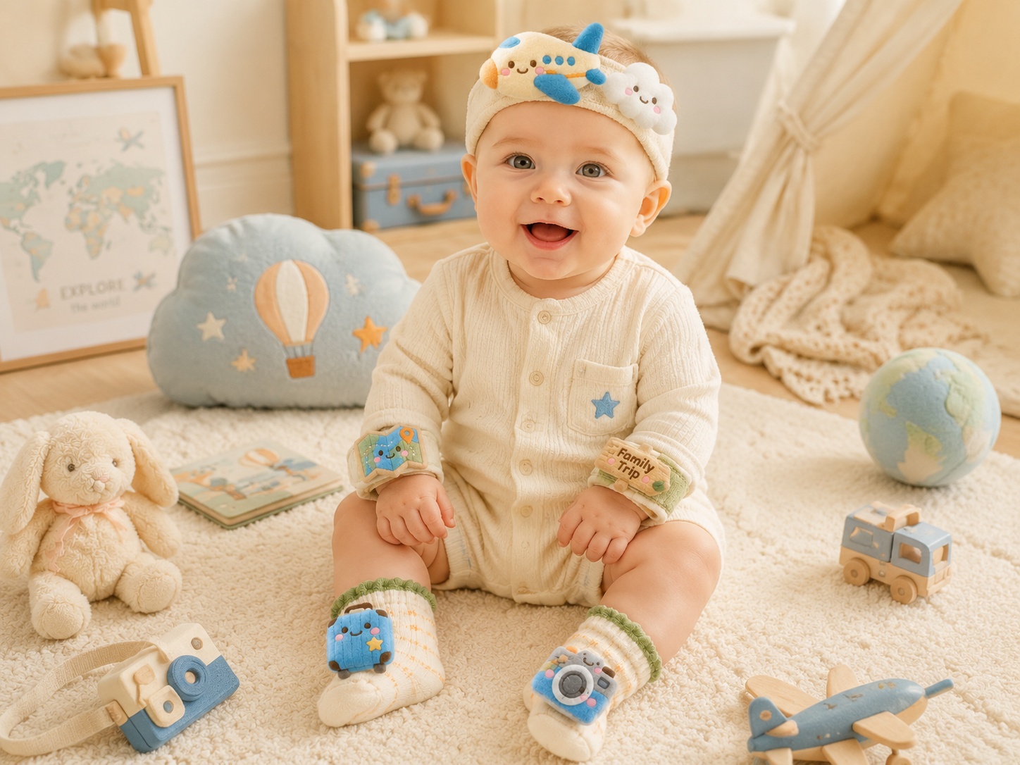 Wholesale Baby Travel Gift Set – Plush Airplane Headband, Socks & Wristbands for Boutique Baby Shower Collections
