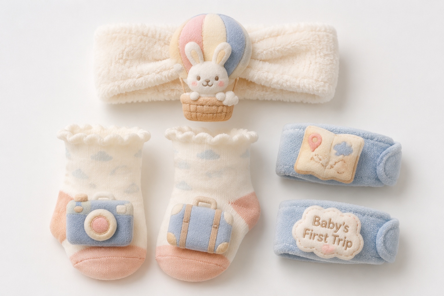 Wholesale Baby’s First Trip Plush Gift Set – Bunny Hot Air Balloon Headband, Baby Socks & Wristbands