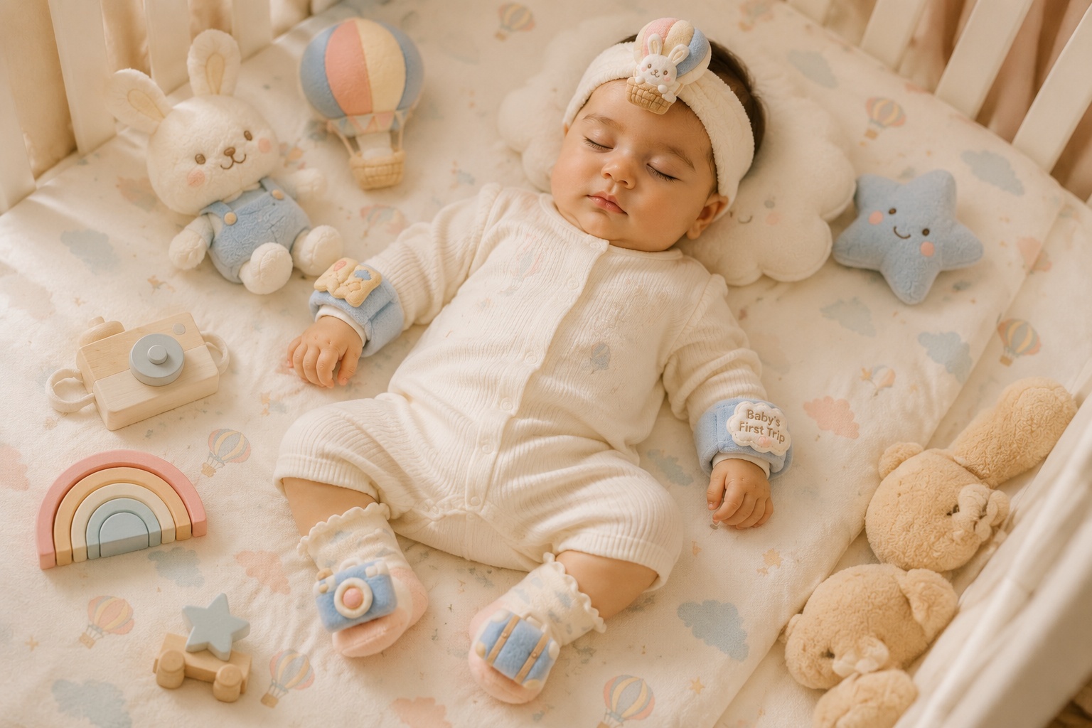 Wholesale Baby’s First Trip Plush Gift Set – Bunny Hot Air Balloon Headband, Baby Socks & Wristbands