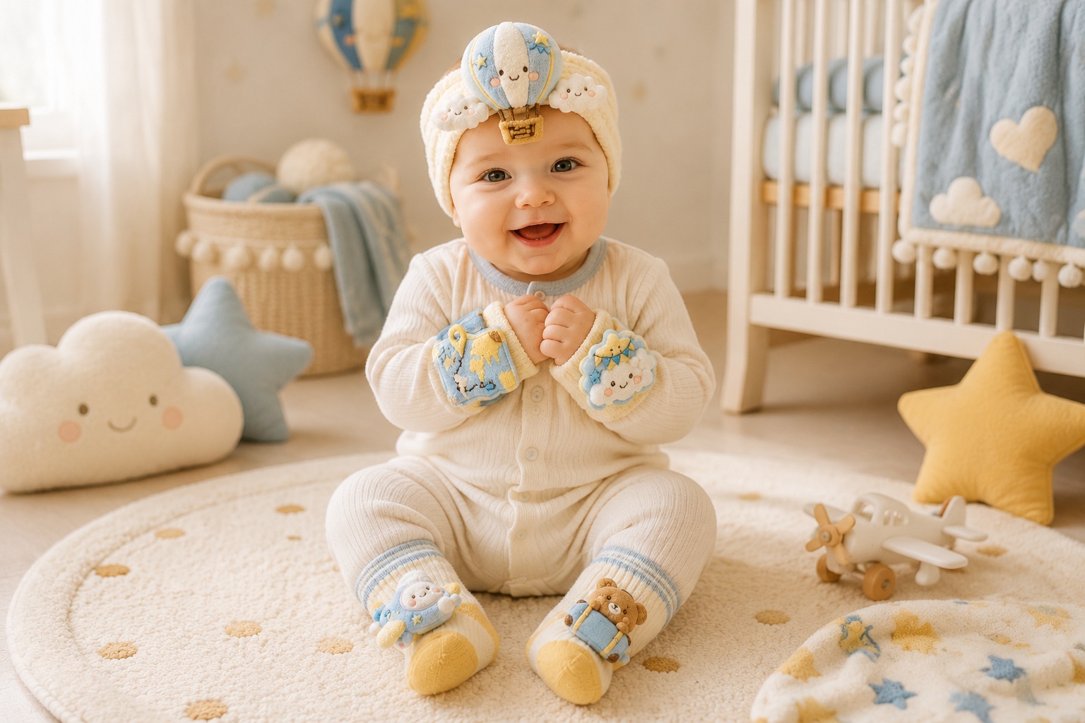 Wholesale Travel Theme Baby Headband, Socks and Wristbands Gift Set with Plush Hot Air Balloon Design