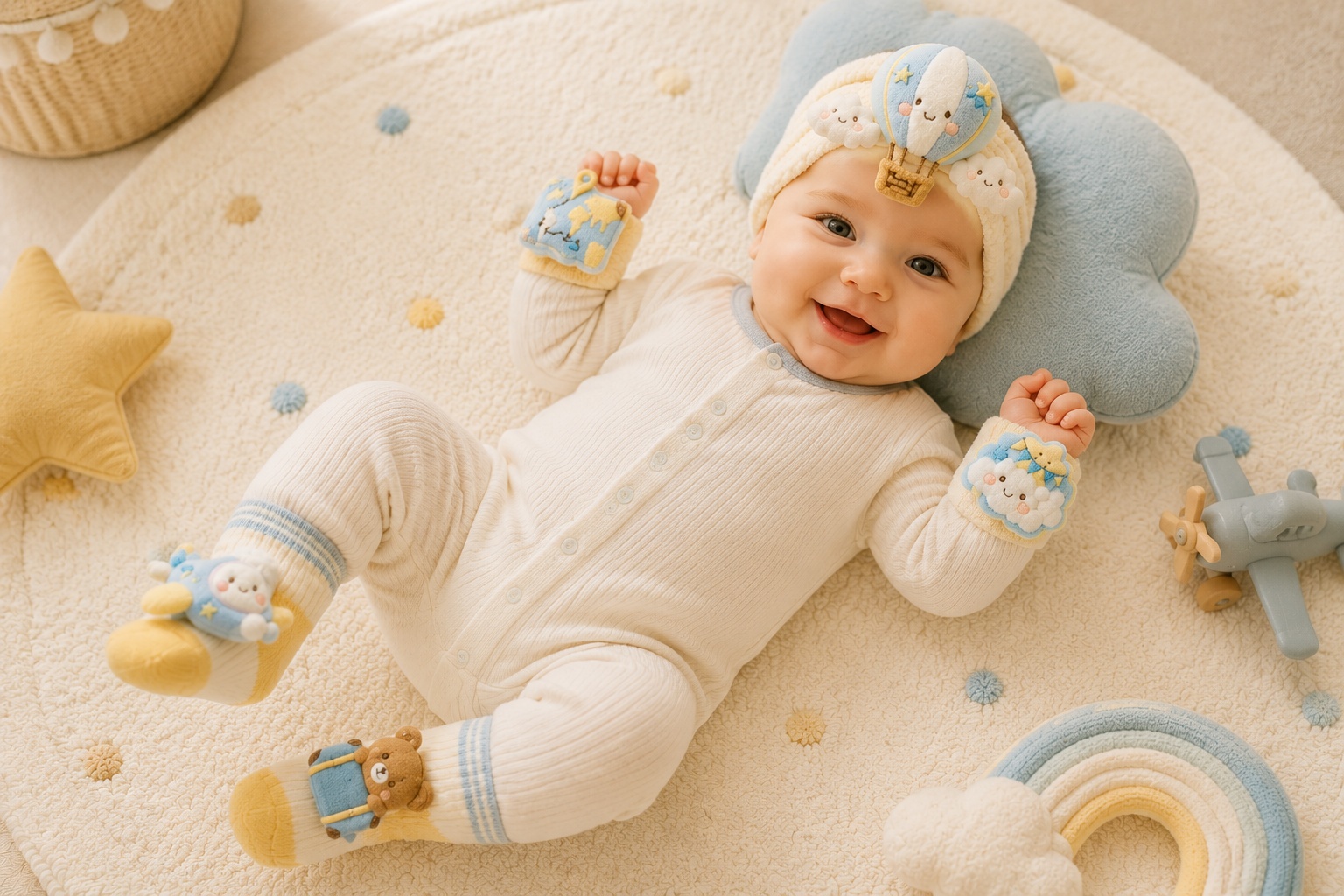 Wholesale Travel Theme Baby Headband, Socks and Wristbands Gift Set with Plush Hot Air Balloon Design