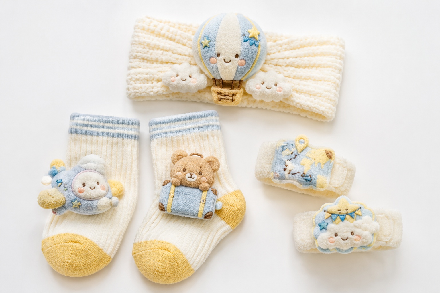 Wholesale Travel Theme Baby Headband, Socks and Wristbands Gift Set with Plush Hot Air Balloon Design