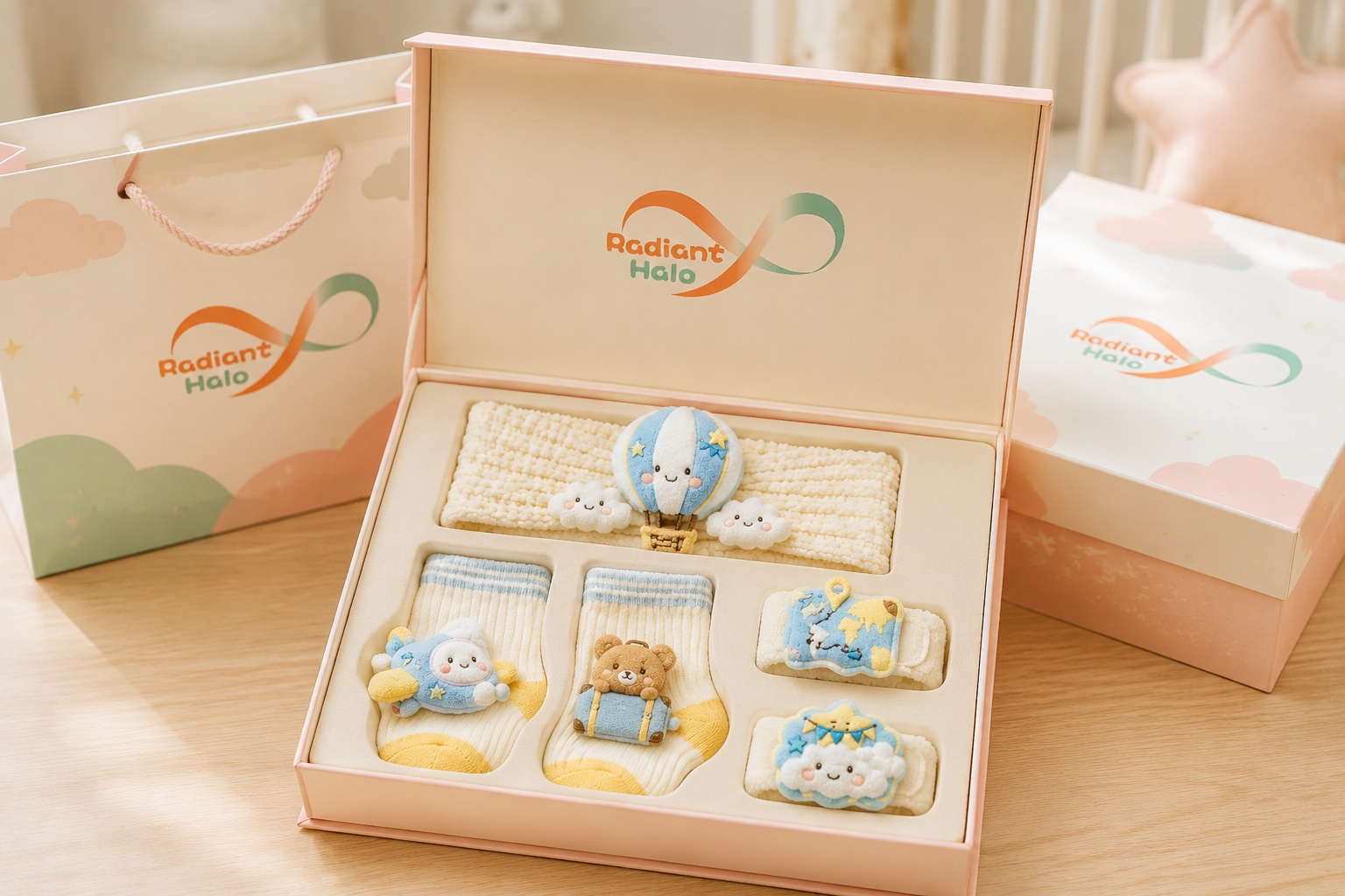 Wholesale Travel Theme Baby Headband, Socks and Wristbands Gift Set with Plush Hot Air Balloon Design