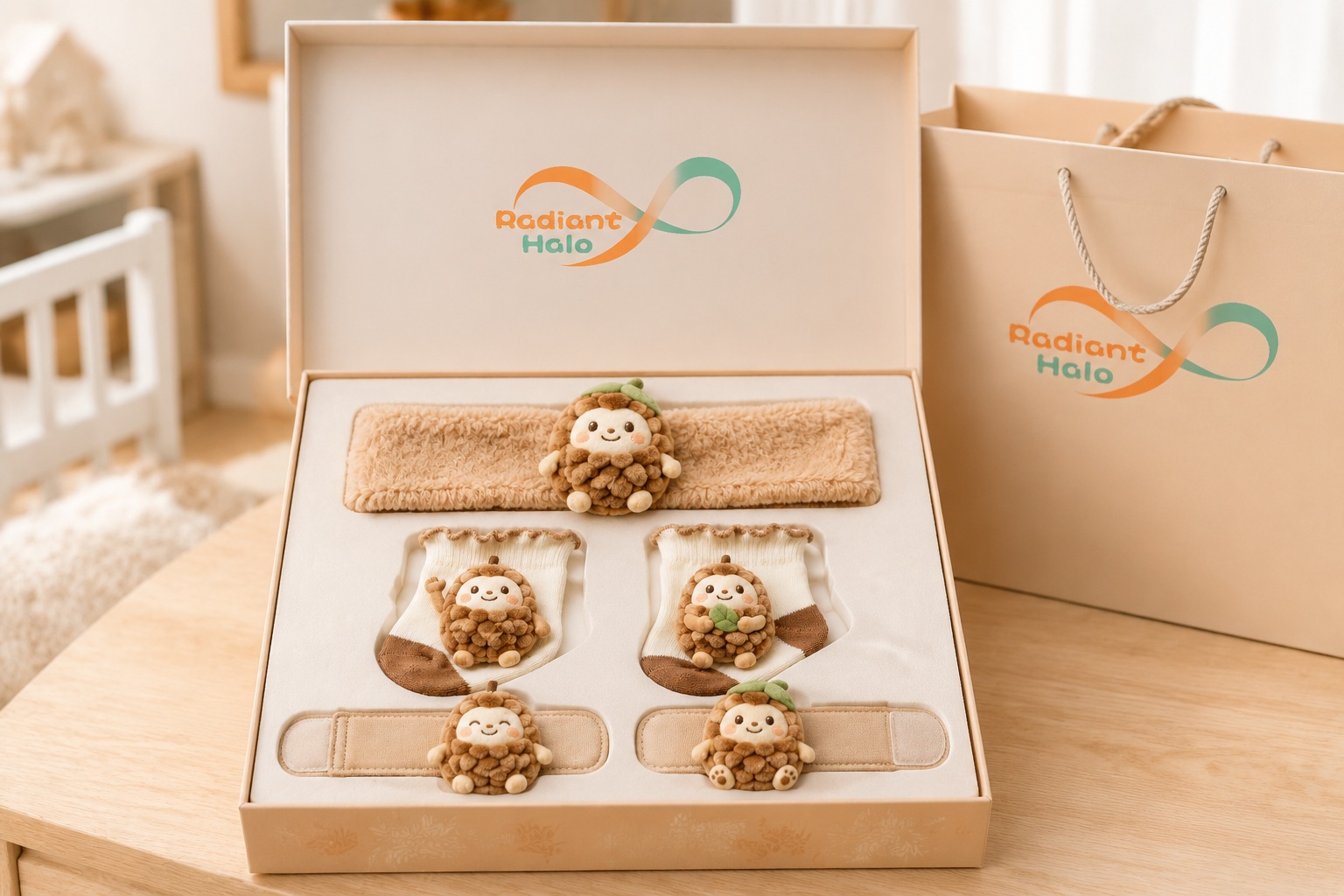 Custom Woodland Acorn Baby Headband Gift Set for Wholesale | Plush Doll Headband, Socks & Wrist Rattles