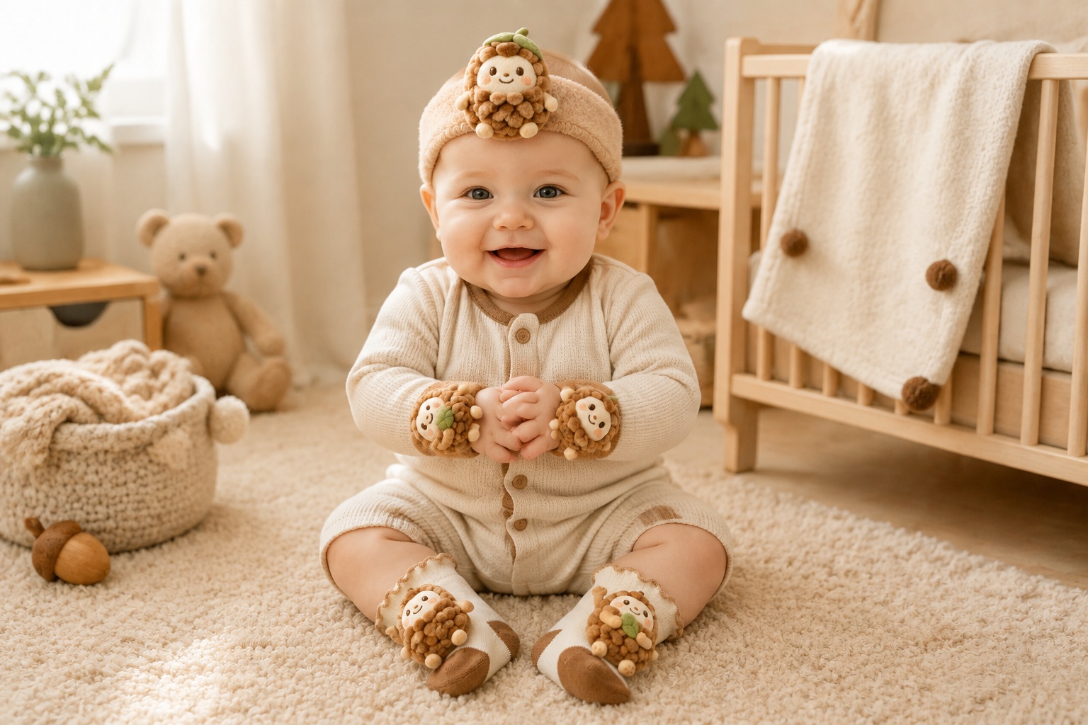 Custom Woodland Acorn Baby Headband Gift Set for Wholesale | Plush Doll Headband, Socks & Wrist Rattles