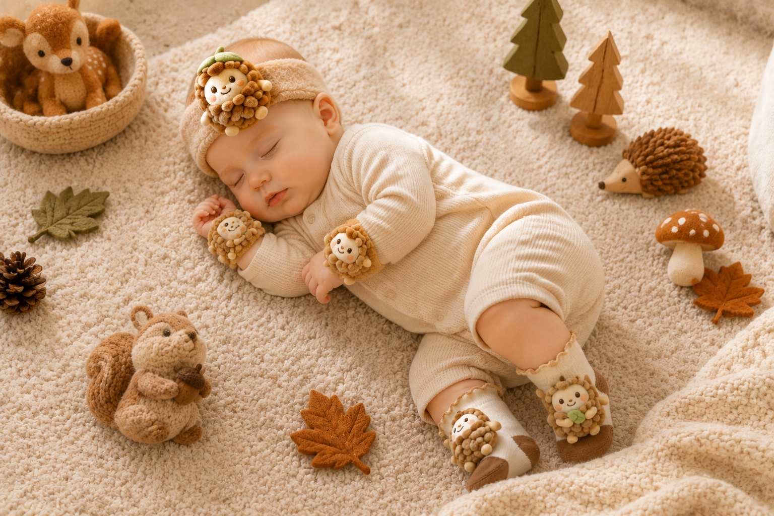 Custom Woodland Acorn Baby Headband Gift Set for Wholesale | Plush Doll Headband, Socks & Wrist Rattles