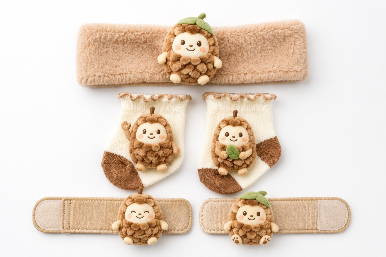 Custom Woodland Acorn Baby Headband Gift Set for Wholesale | Plush Doll Headband, Socks & Wrist Rattles