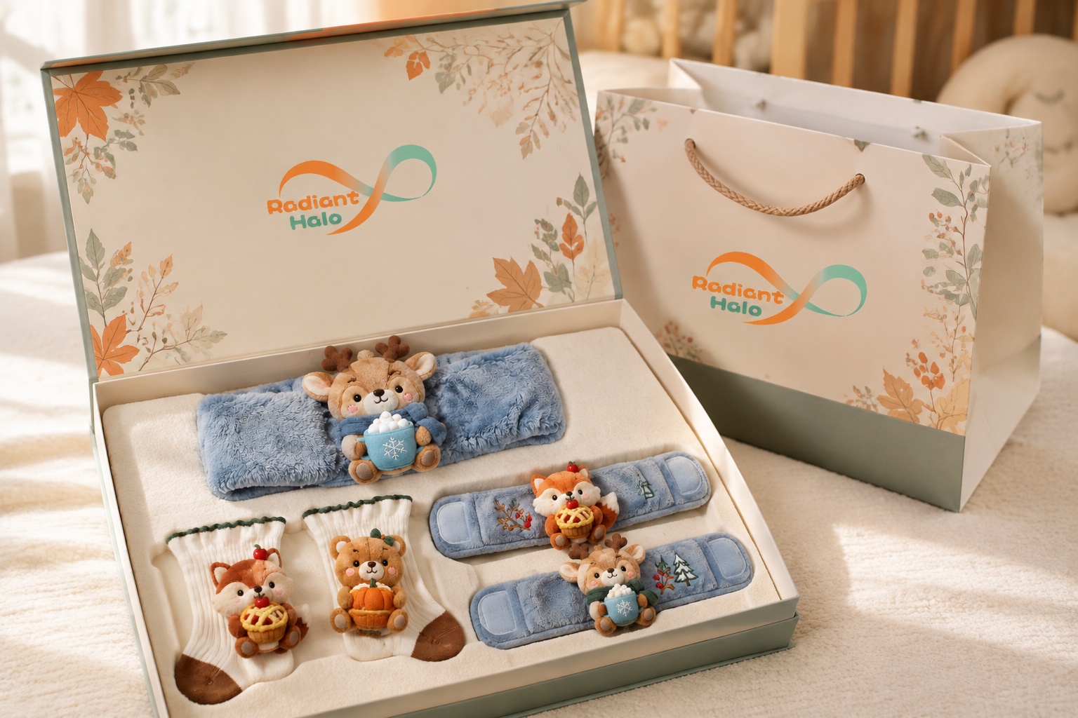 Boutique-Ready Woodland Doll Baby Headband Gift Set with Socks & Wrist Rattles