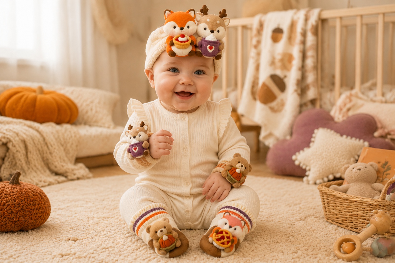 Wholesale Woodland Animal Baby Gift Set – Plush Headband, Cozy Socks & Wrist Rattles for Retail Programs
