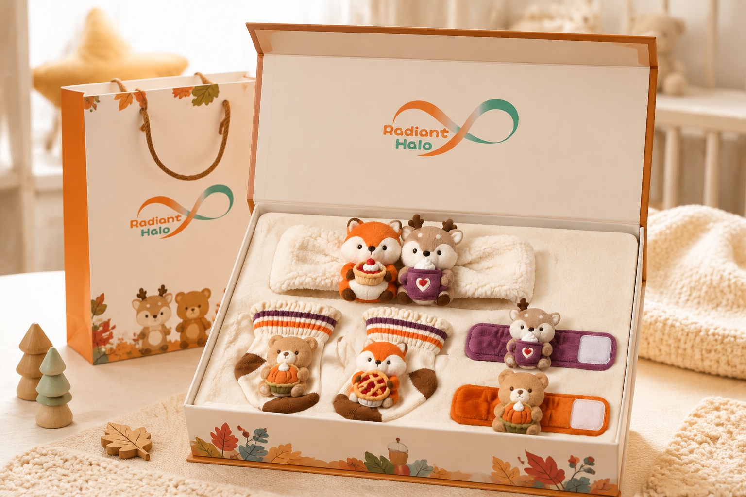 Wholesale Woodland Animal Baby Gift Set – Plush Headband, Cozy Socks & Wrist Rattles for Retail Programs