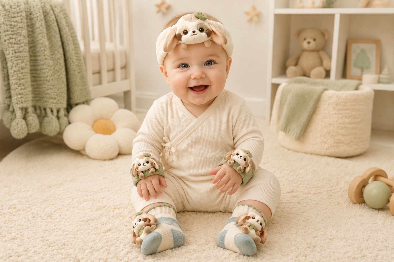 Wholesale Woodland Bunny Baby Gift Set – Plush Doll Headband, Socks & Adjustable Wristbands | Customizable B2B Baby Boutique Set