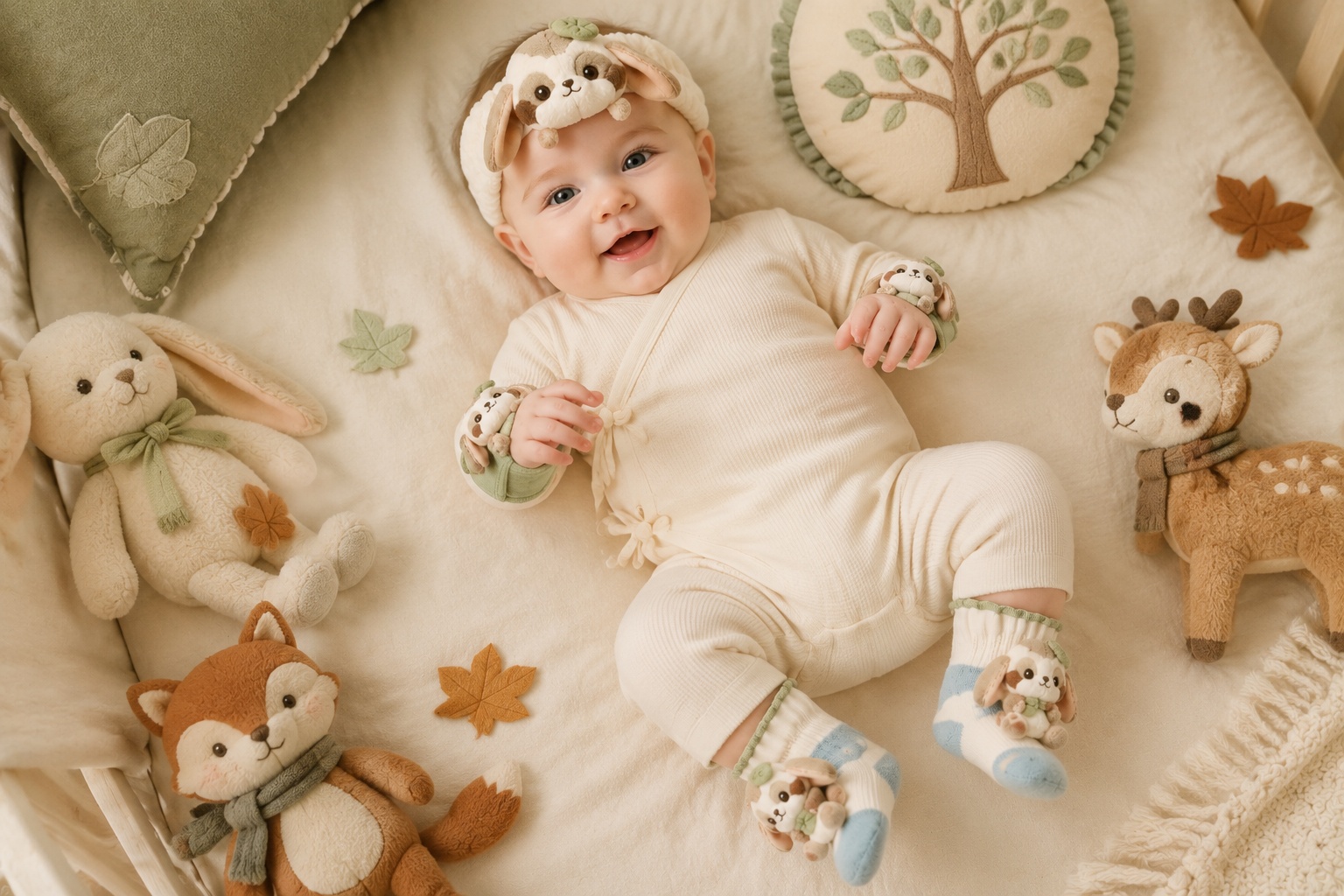 Wholesale Woodland Bunny Baby Gift Set – Plush Doll Headband, Socks & Adjustable Wristbands | Customizable B2B Baby Boutique Set