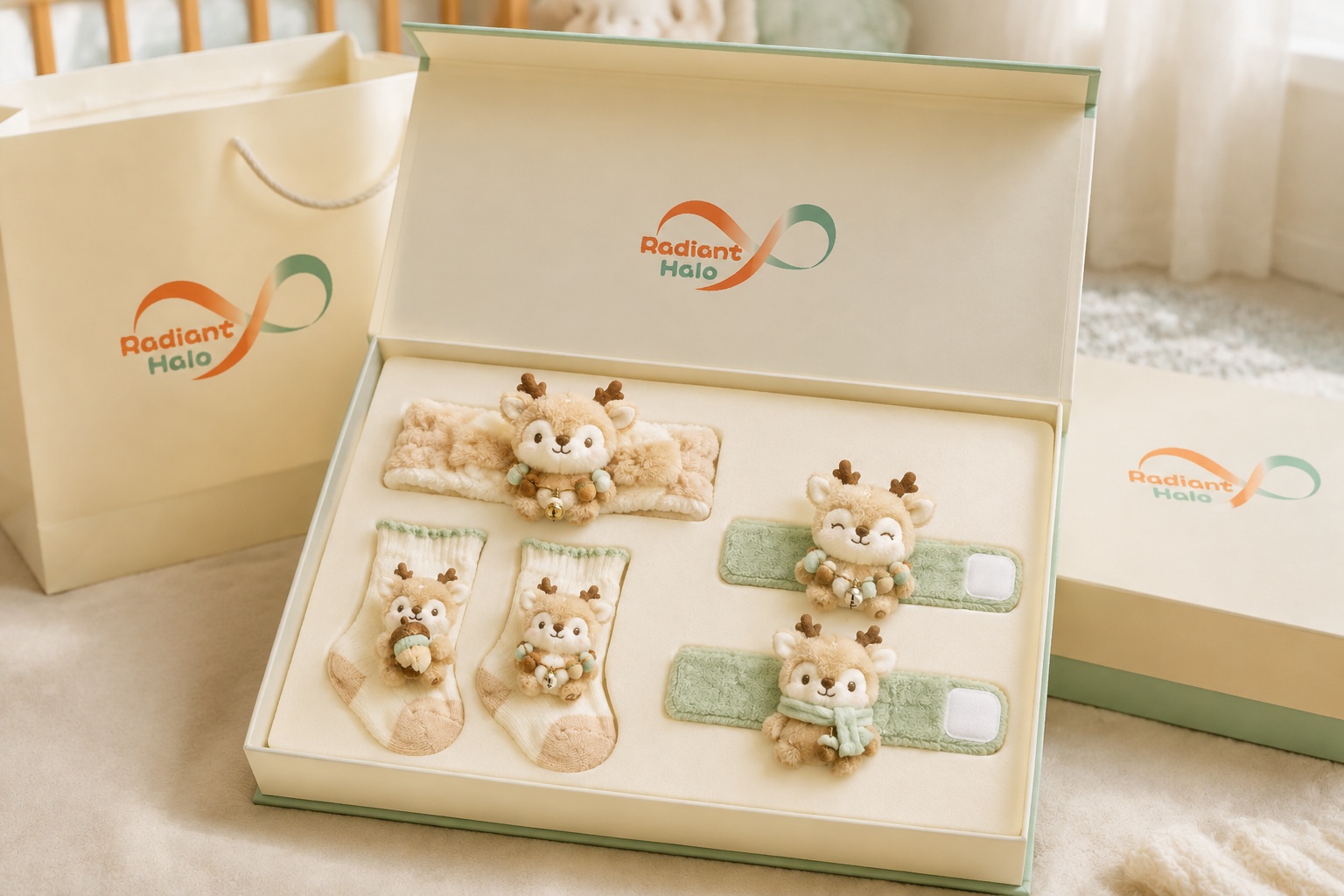 Wholesale Custom Woodland Deer Baby Gift Set – Plush Headband, Baby Socks & Wrist Rattles
