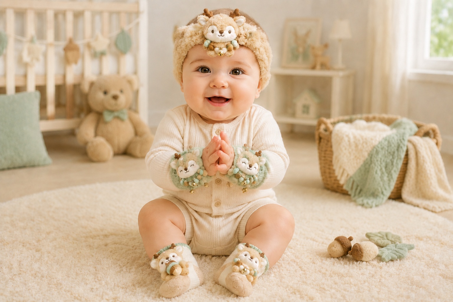 Wholesale Custom Woodland Deer Baby Gift Set – Plush Headband, Baby Socks & Wrist Rattles
