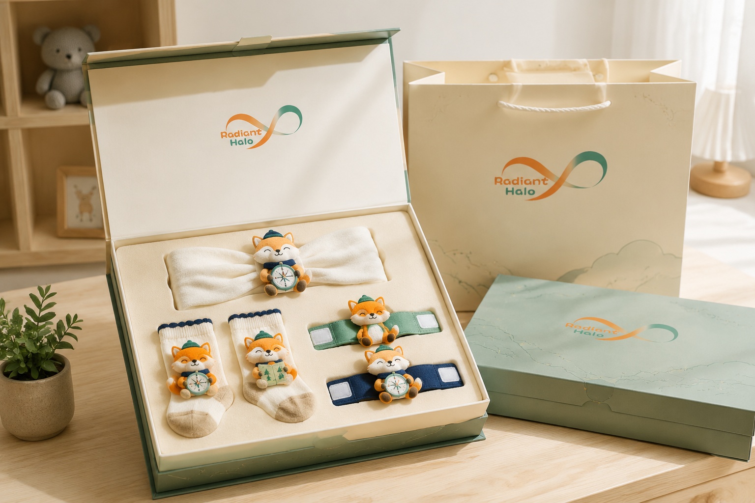 Premium Adventure Fox Baby Gift Set – Plush Fox Headband, Socks & Wristbands Collection for Boutique Retailers